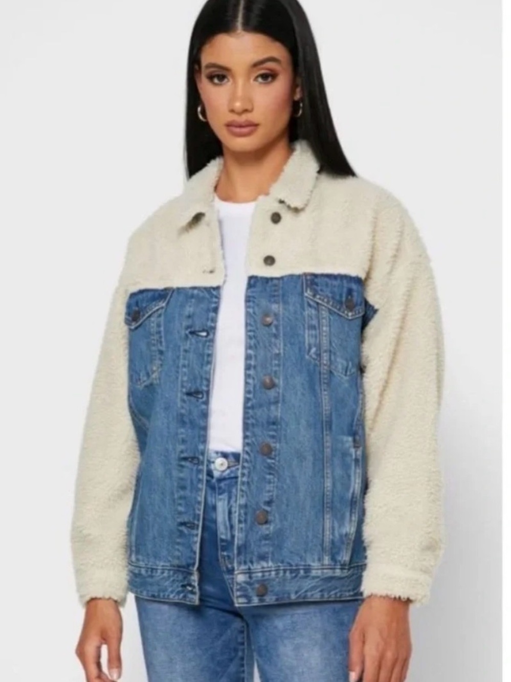 American Eagle Outfitters Blue Denim Jacket with Cream Sherpa
